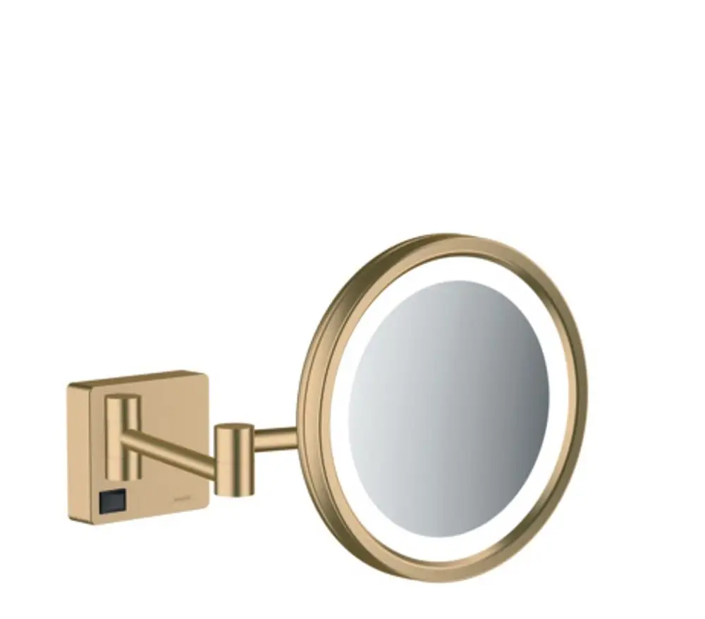 Wandmounted mirror mit LED-Beleuchtung in gebürstetem Bronze, ausgestattet mit einem flexiblen Arm, von Hansgrohe.
